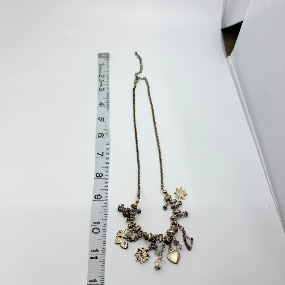 Vintage Silver Tone Multi Charm Necklace Sun Heart Butterfly Celestial Bead Boho